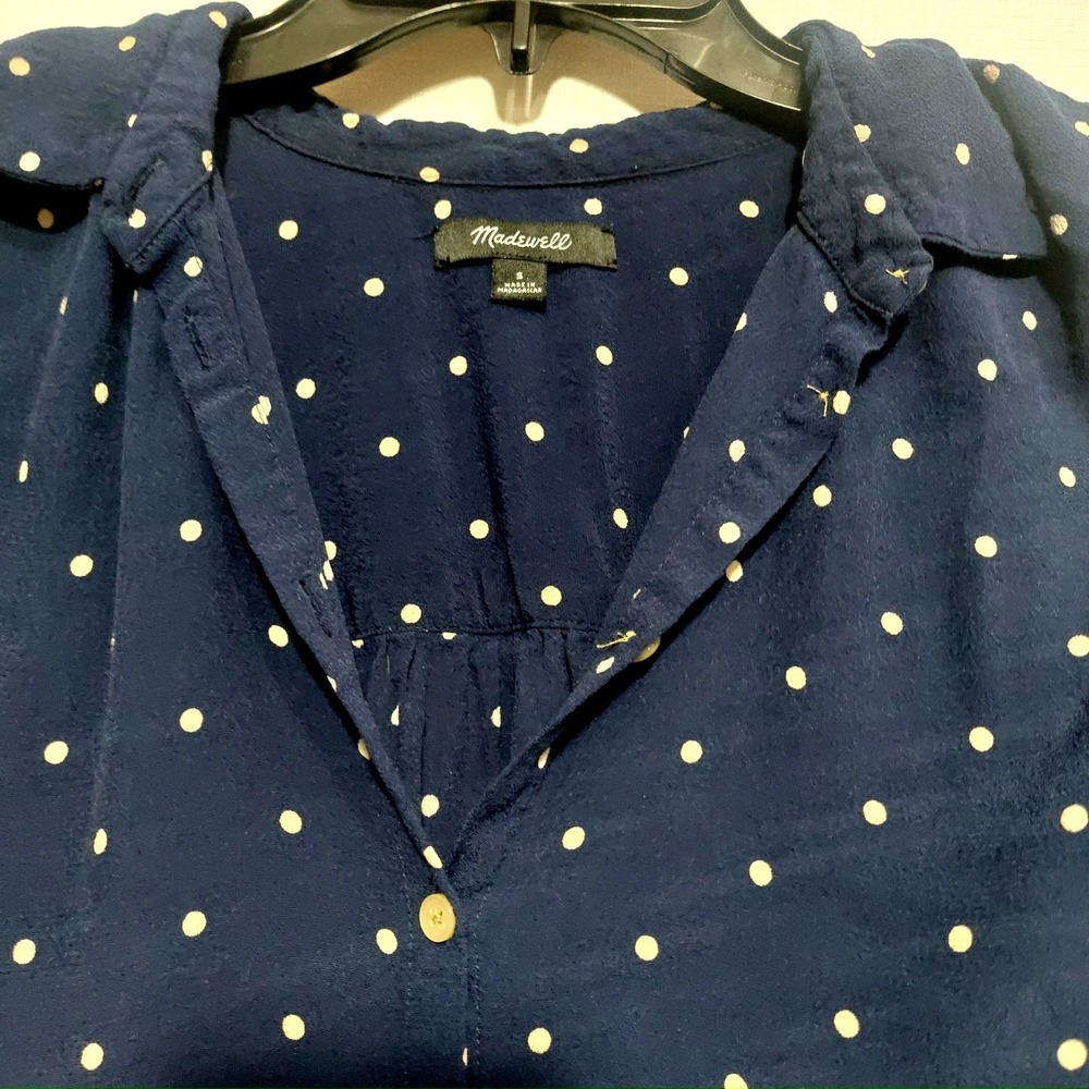 Madewell Womens Small Button Down Shirt High Low Navy Polka Dots Cap Sleeves - Picture 4 of 9